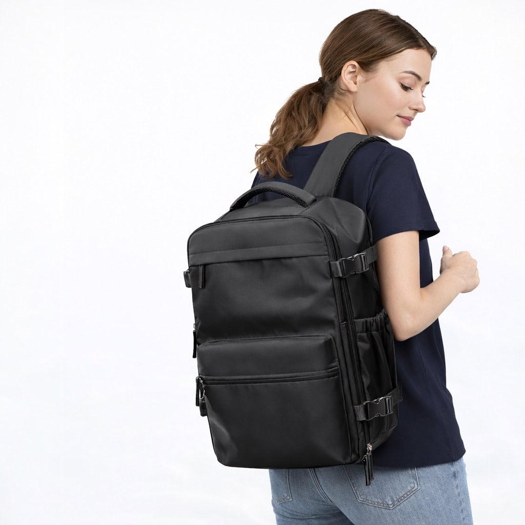 woman-with-rodusuite-backpack Rodusuite Vacuum Travel Backpack